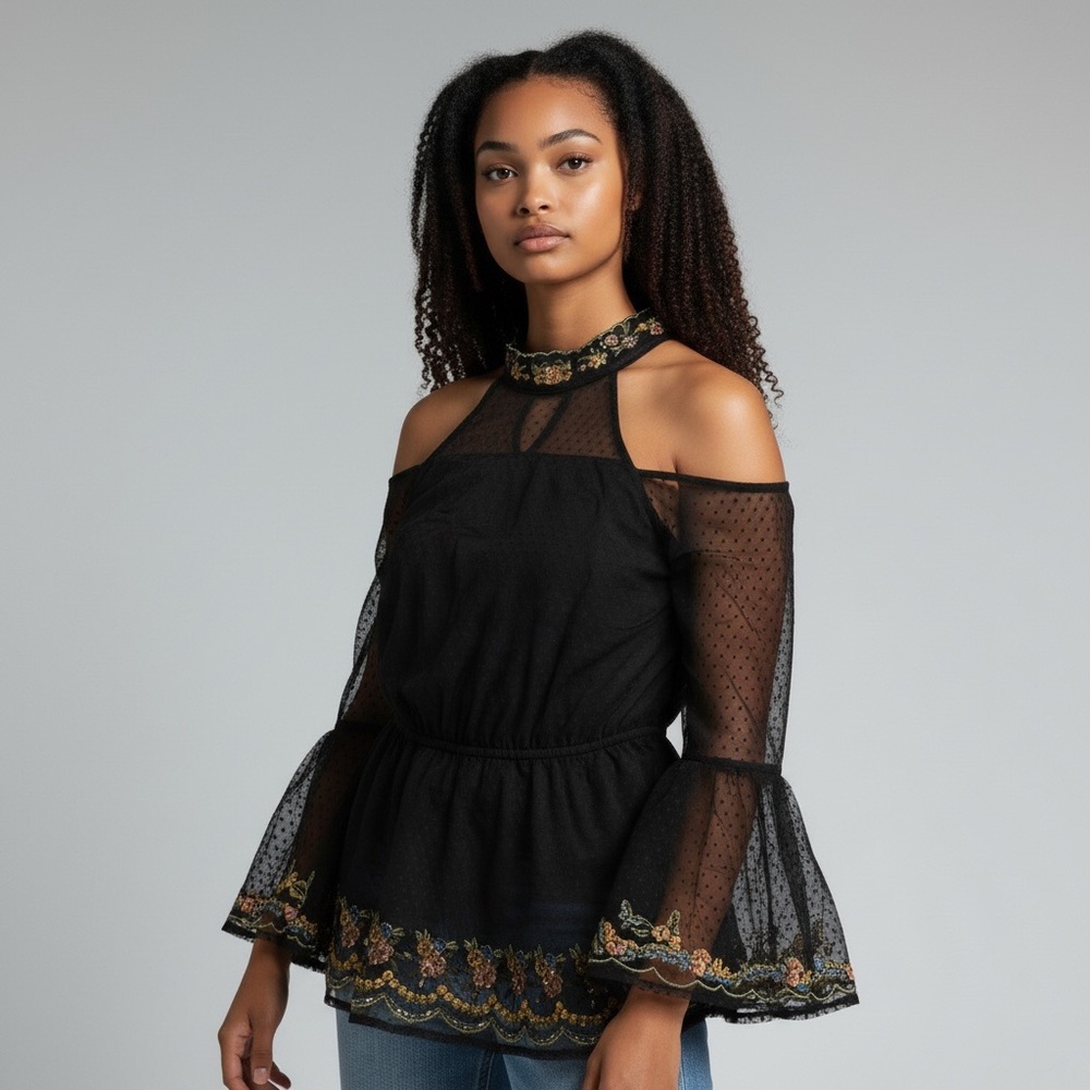 Black Embroidered Blouse Embellished‎ Sheer Boho Fairy Halter Top Small